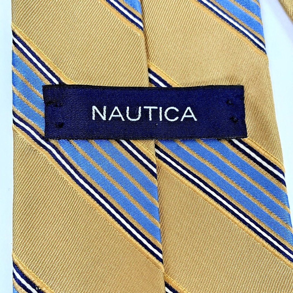 Nautica Tie Men's‎ 100% Silk Gold Blue Striped Made in U.S.A. 3.5"